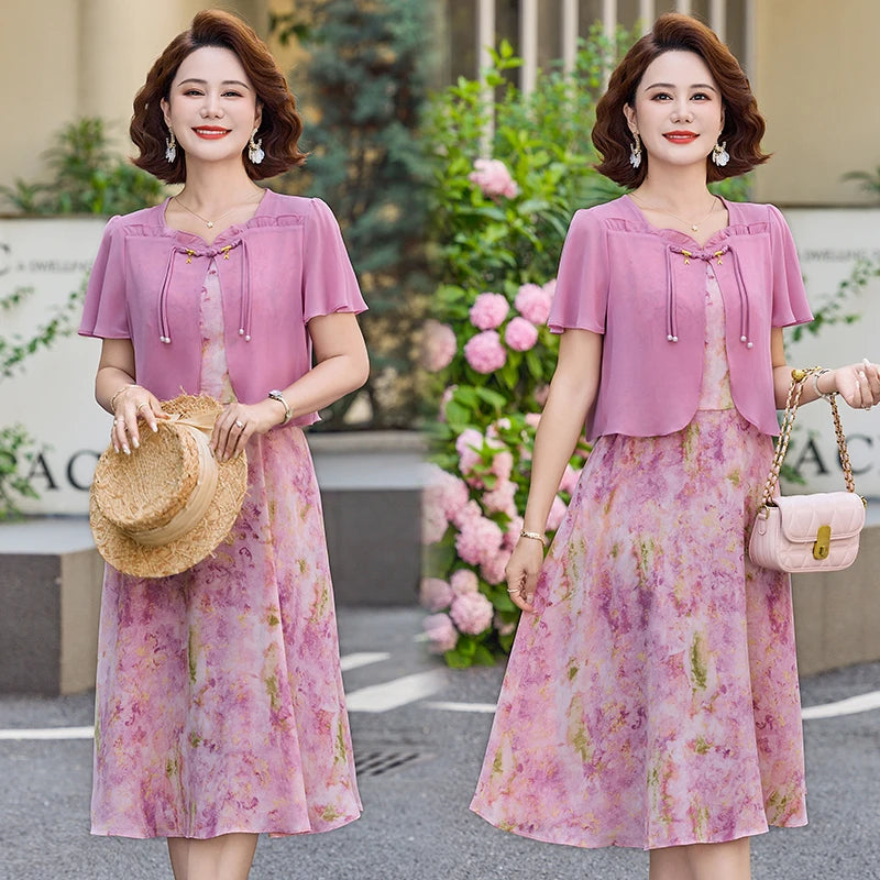 រ៉ូបខ្លីដៃខ្លីបោះពុម្ពផ្កាសម្រាប់នារីរដូវក្តៅ អាវផាយពីរដុំ អាវផាយសាមញ្ញសម្រាប់នារី ឆើតឆាយ