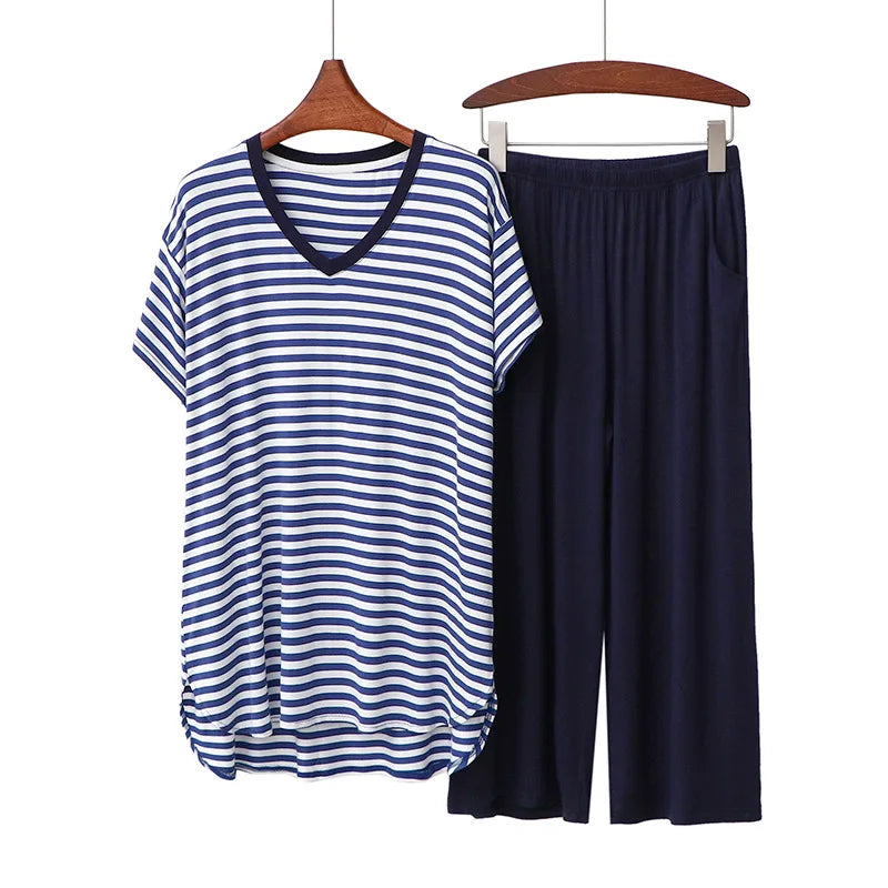 Spring Summer Pajamas For Women New Pijama Mujer Modal Stripe V Neck Shirt Nine Point Pants Suit Loose Home Wear Clothes