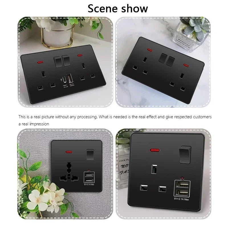 Universal 18W Fast Type C Wall 220V Power Outlet Plug, UK Black 13A Socket Switch, Electrical Wall Socket Panel with USB Charger