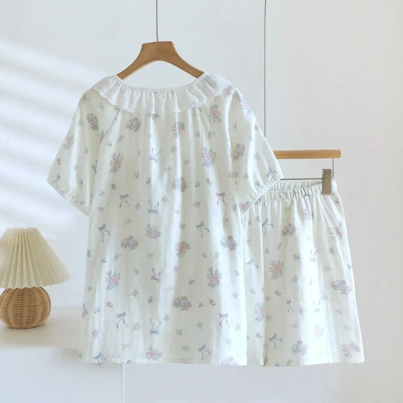 Thin Loungewear Women Pajamas Cardigan O-Neck Short Sleeve Shorts Two Piece Set Summer Comfortable Home Clothes Floral Pijama