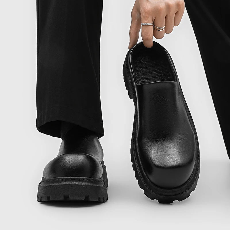 Men's Classic Mules Casual Slip-On Shoes Four Seasons Soft Sole Anti-Slip Breathable Outdoor Walking Leather Shoes Semi Slippers