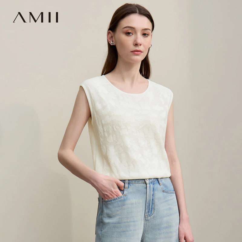 Amii Sleeveless Women's Sweater 2026 Summer New O-Neck Loose Jacquard Knit Top Elegant Office Casual T-shirts For Women 12622193