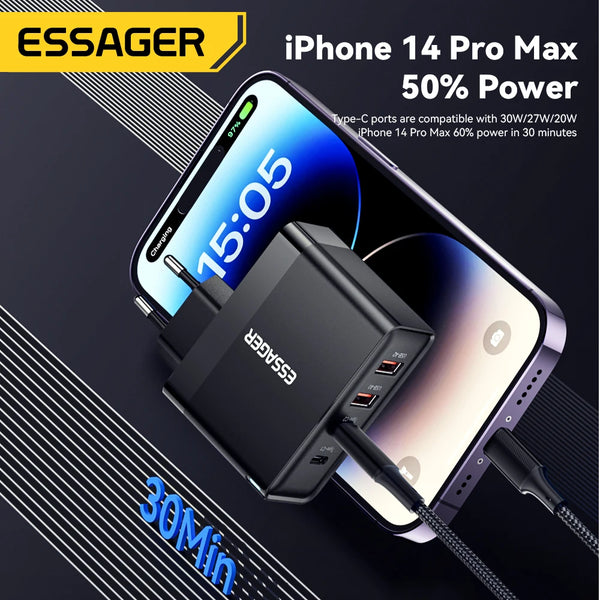 ឆ្នាំងសាក Essager 100W USB Type C ឆ្នាំងសាក 65W PD Quick Charge 4.0 3.0 Type-C សាកលឿនសម្រាប់ iPhone 16 15 14 13 Pro Xiaomi Macbook Laptop