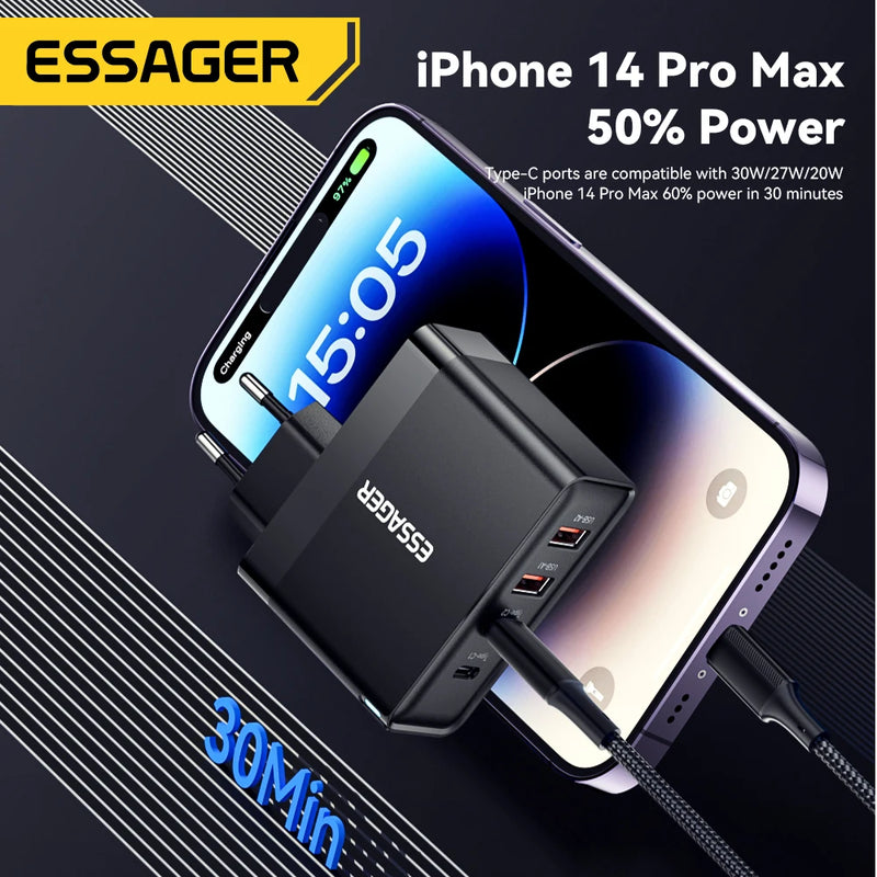 ឆ្នាំងសាក Essager 100W USB Type C ឆ្នាំងសាក 65W PD Quick Charge 4.0 3.0 Type-C សាកលឿនសម្រាប់ iPhone 16 15 14 13 Pro Xiaomi Macbook Laptop