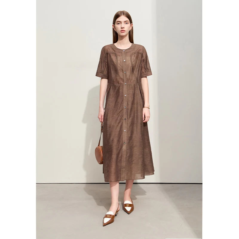 រ៉ូបថ្មី Amii Minimalism រដូវក្តៅឆ្នាំ ២០២៦ សម្រាប់ស្ត្រី រ៉ូបស្តើងឆើតឆាយ Jacquard ជាមួយខ្សែក្រវ៉ាត់វែងត្រង់ 12422175