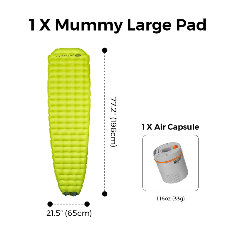 FLEXTAIL TINY SLEEPING PAD - Insulated Sleeping Pad with Built-in Pump, Automatic Inflation/Deflation, Lightweight Design