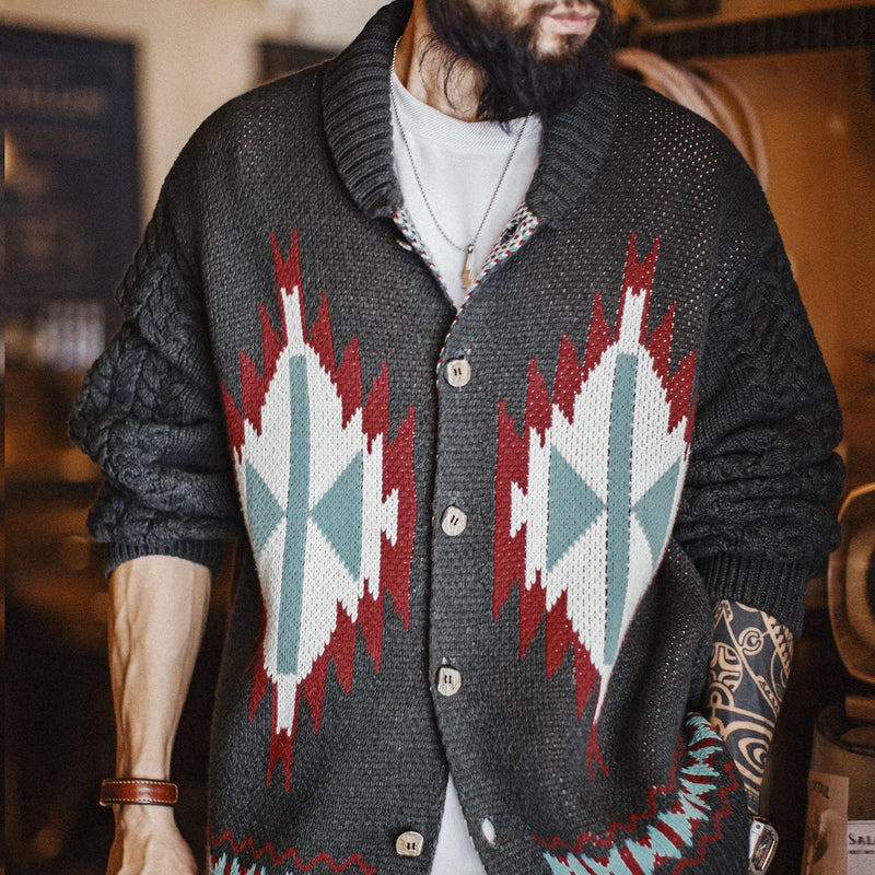 Maden Men’s Retro Cowichan Shawl Collar Cardigan Jacquard Knit Native Style Jacket Single-Breasted Fall and Winter Sweater Coat