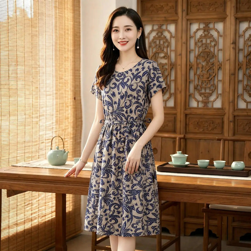 រ៉ូបផ្ការដូវក្តៅ O-Neck Midi រ៉ូបសម្រាប់នារីទាន់សម័យ ឈុតឆ្នេរខ្សាច់បែបសាមញ្ញ រ៉ូប Bodycon សម្រាប់ពិធីជប់លៀង និងពិធីជប់លៀង