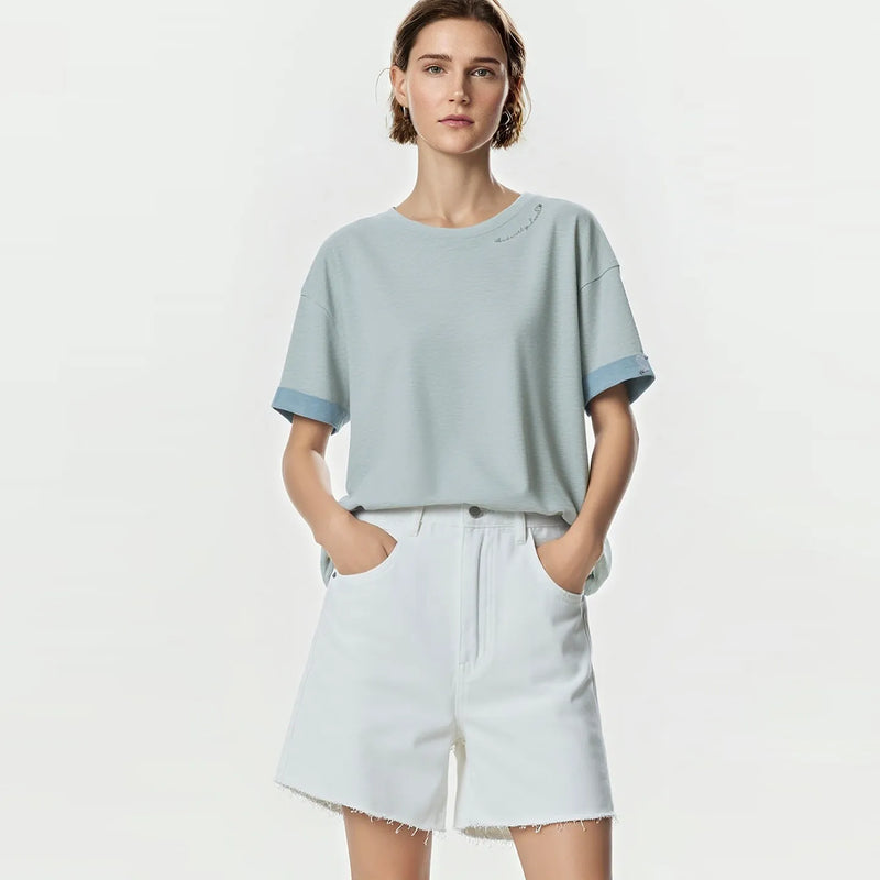 Amii Women's T-Shirt 2026 Summer New O-Neck Letter Embroidered Color Block Tee Loose Versatile Casual Women T Shirts 12642022