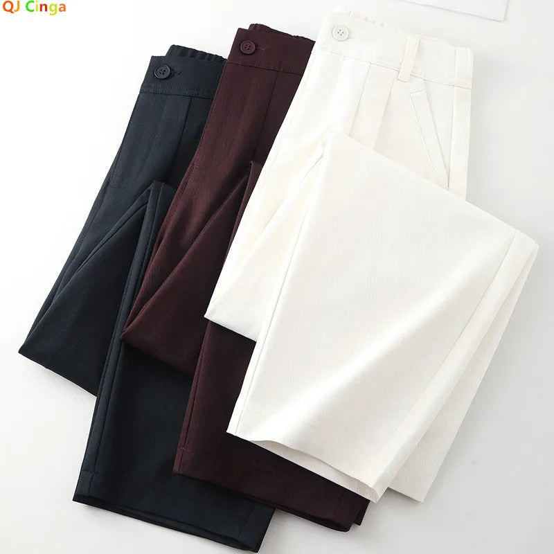 Off-white Women's Casual Pants, New Fall High-waisted Pleated Harem Pants, Asian Sizes Navy Blue Stretch Trousers, S-XXXL.