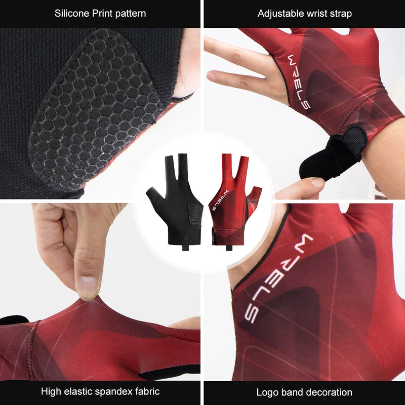 WRELS 1pc Left Hand Billiards Glove Three Finger Snooker Billiard Glove Non Slip Stickers Elasticity Billiard Training Gloves