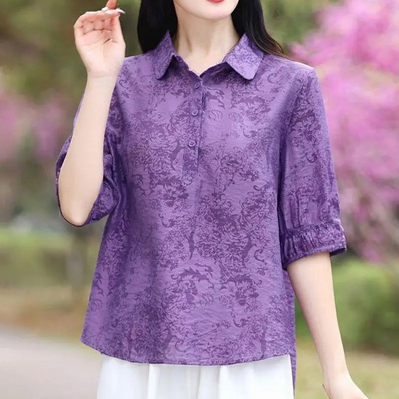 អាវយឺតថ្មីរដូវក្តៅ កអាវ Jacquard ប៊ូតុង ដៃអាវពាក់កណ្តាលធម្មតា ឆើតឆាយ រលុង សម្រាប់ស្ត្រីធ្វើដំណើរទៅធ្វើការ