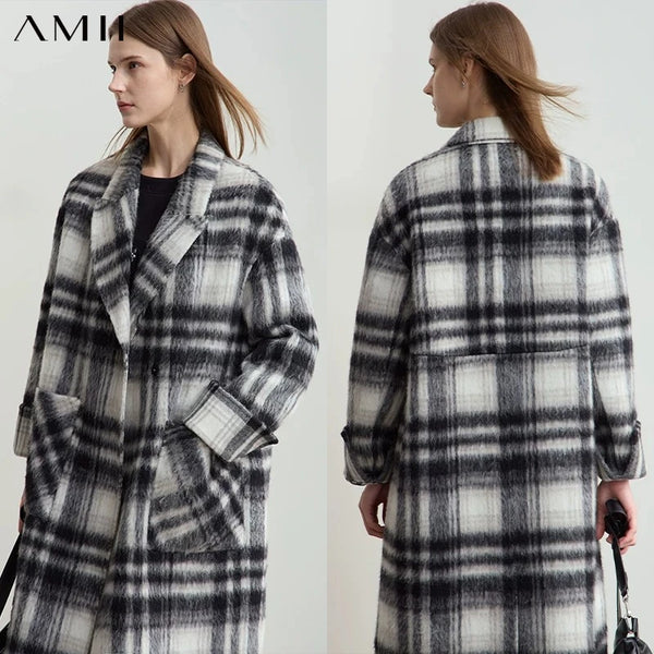 AMII Minimalism Women's Coat 2026 Winter New Contrast Color Lapel Collar Woolen Coat Woman Long Sleeve Plaid Outerwear 12454016