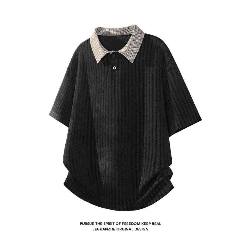 Mens Textured Knit Short Sleeve Polo Top Contrast Collar Oversized Cutting Suitable For Vacation Dating And Casual Scenes