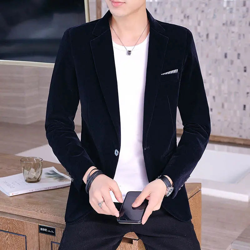 Men's Blue Long Sleeve Blazer Jacket, Business Casual Corduroy Fabric Coats, Korean Slim Style Suit Jackets, Asian Size M-5XL