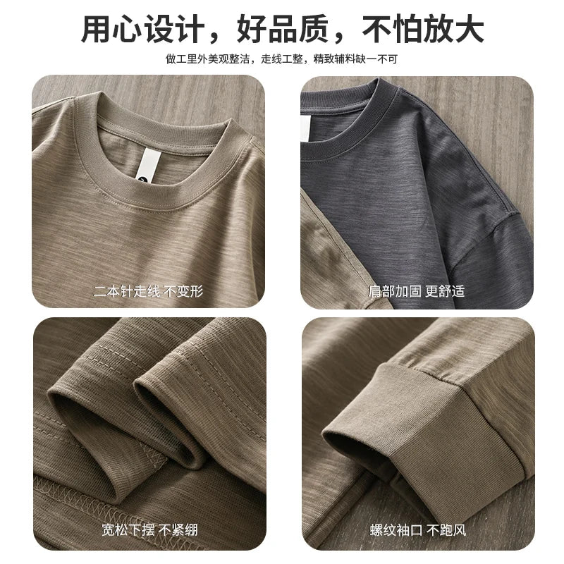 DUKEEN Heavyweight Slub Cotton Long Sleeve T Shirts for Men Spring and Autumn Pure Cotton Breathable Undershirts Men's Clothing