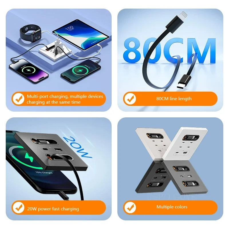 Universal Smart Socket With Charging line 20W Fast Charge USB C Port PC Power Wall Panel,Mobile phone charging Type C Outlet