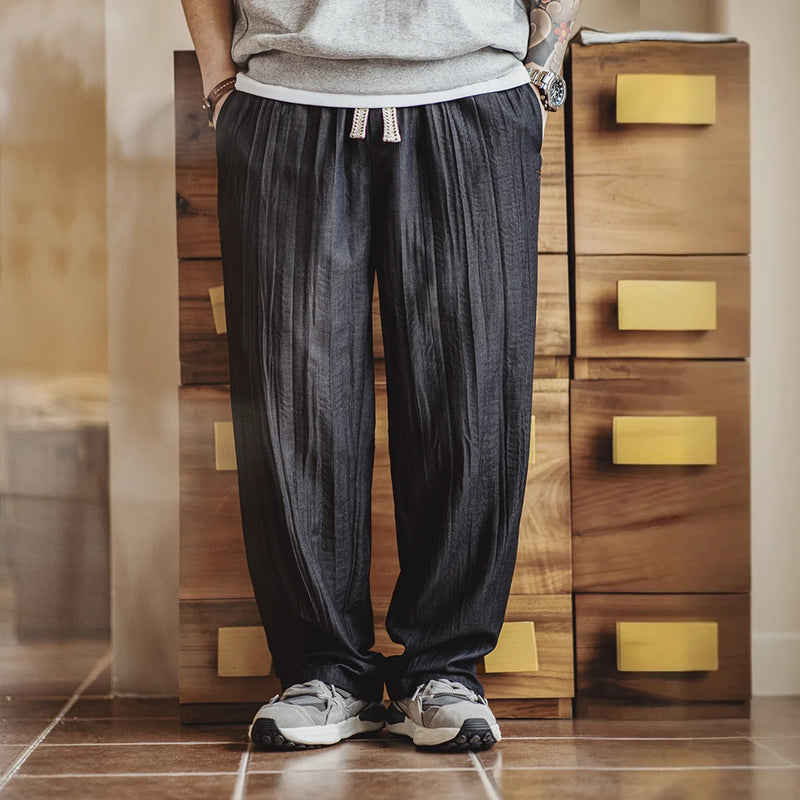 Maden Casual Water Wave Pleated Pants Men's Spring and Summer Cityboy Style Loose Fit Trousers with Elastic Waist Cool TR Bottom