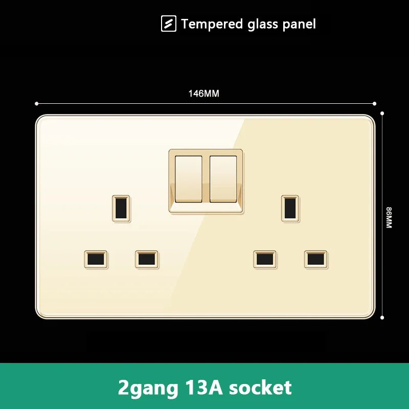 UK 13A Wall Socket with Type-C 18W Fast Charging Plug Socket,Glass Panel Power Double Universal Outlet with Quick USB C charge