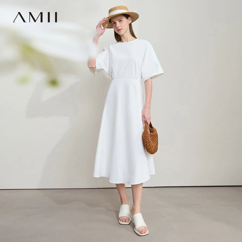 AMII Office Lady Summer Dress Women 2026 New Round Neck Short Sleeve Strap Backless Solid A-line Dresses Female Fashion 12542151