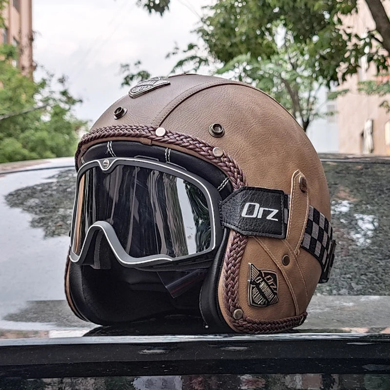 High quality PU leather retro 3/4 motorcycle helmet, suitable for scooters, cruising motorcycles, and half helmets