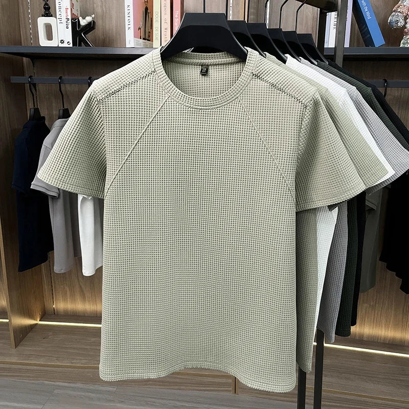 Men Waffle Knit Short Sleeve Crew Neck T Shirt Casual Lightweight Breathable Soft Top For Daily Use