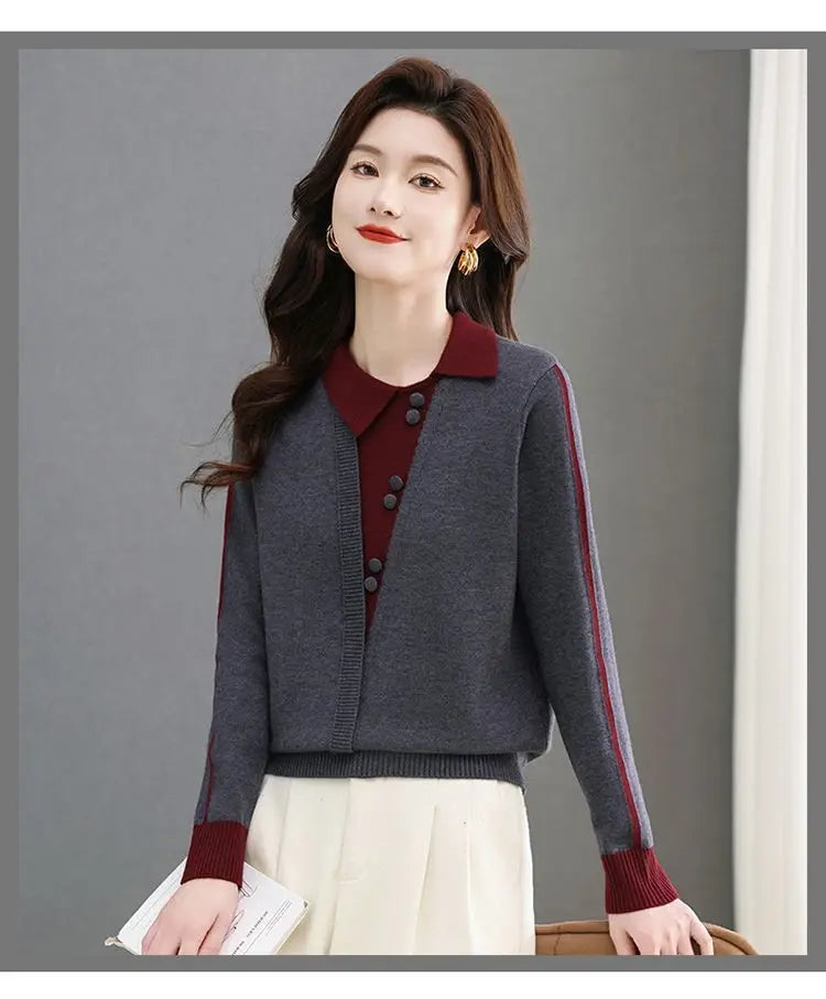Pulls Femmes Elegant Ladies Pullover Tops Knitting Woolen Sweater Spring Autumn Lapel Long Sleeve Shirt Knitwear Clothes Women