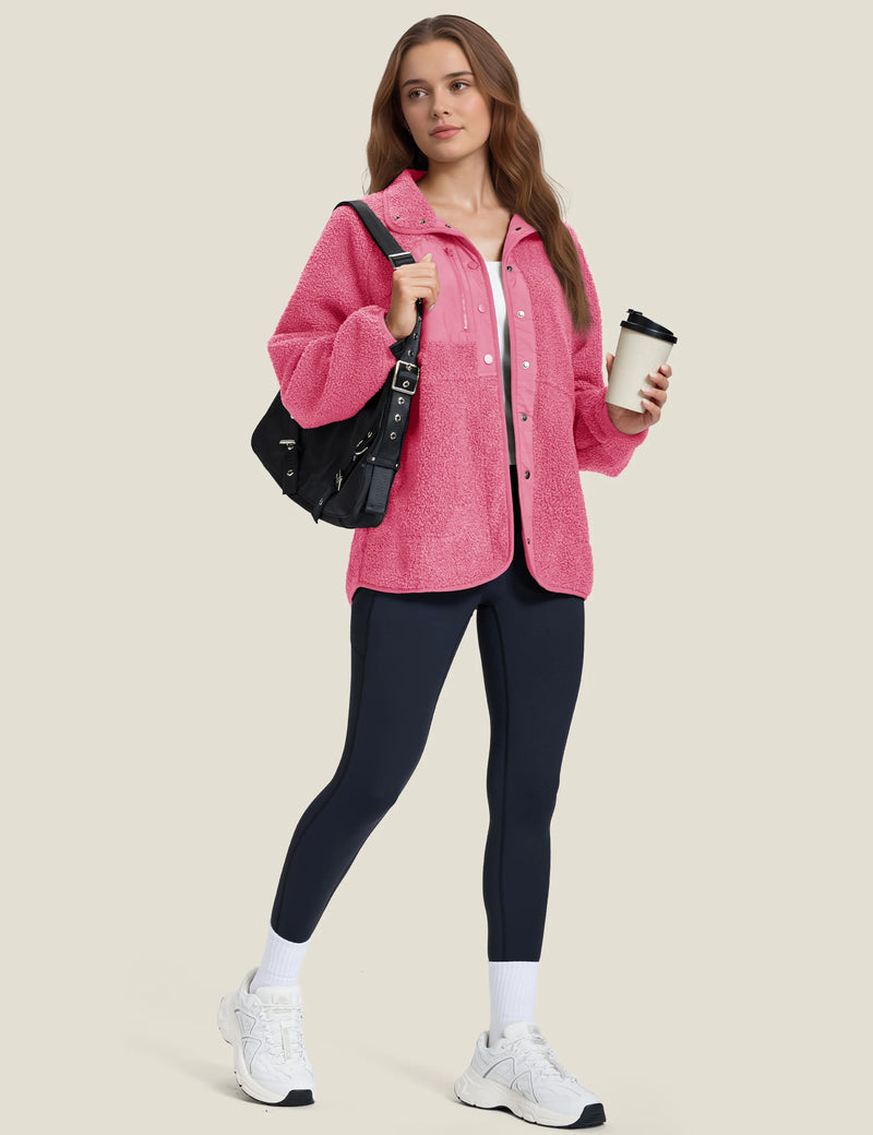 TACVASEN Women's Stand Collar Sherpa Fleece Jacket Winter Warm Lightweight Fuzzy Button Down Coat 3 Zipper Pockets Casual Jacket
