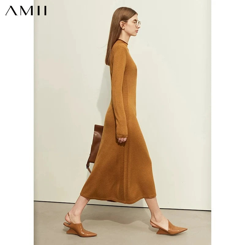 AMII Minimalist Knitting Dresses For Women 2026 Winter New Mid-Calf A-line Long Sleeve Half High Collar Slim Vestidos 12354005