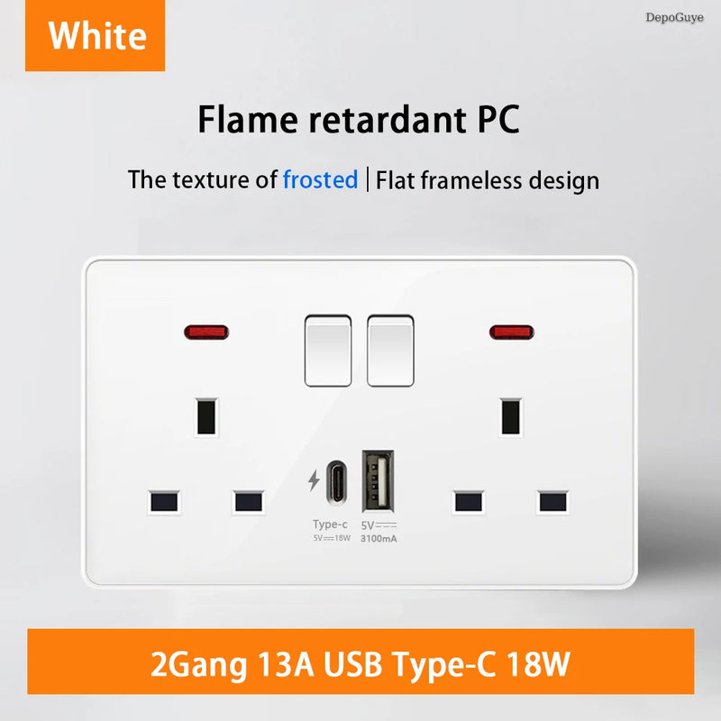 18W Type-C Plug Quick Charging Universal 5-pin Dual Power Socket,UK Standard 13A Wall Socket with DC 5V 3.1A Type-c USB Charger