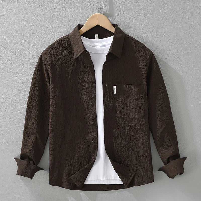 Unisex 100% Cotton Textured Shirt Outdoor Men Women Minimalist Thin Long Sleeve Loose Casual Tops Fashion Clothing