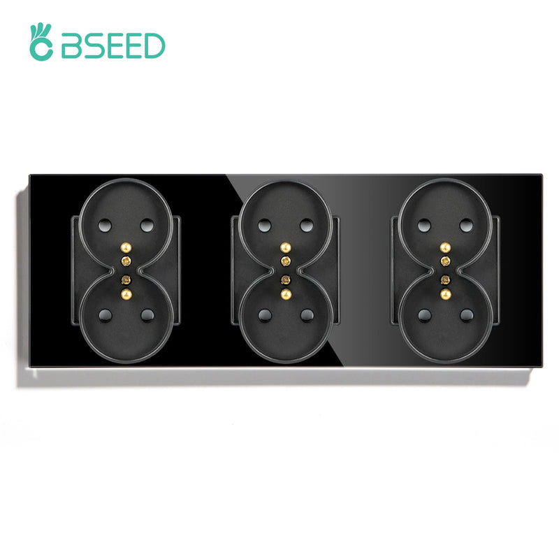 BSEED French Standard Single Wall Power Sockets Double Sockets Dual Electrical Outlets Glass Panel Children Protection 16A