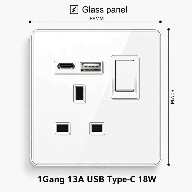 White Tempered Glass 2Way Wall Light Switch, UK Wall 18W Type-C Fast Charging USB Socket, Universal Electrical Outlet Plug 220V