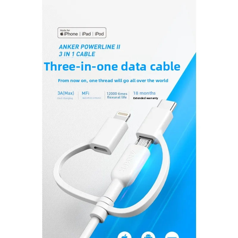 ខ្សែសាកទិន្នន័យ ANKER 3-in-1 Apple Data Cable MFi Certification 6s ស័ក្តិសមសម្រាប់ថេប្លេត Android និង iPhone ខ្សែសាក 1-to-3