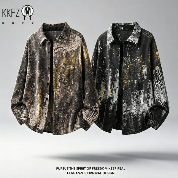 Men Retro Abstract Pattern Shirt Button Up Front Turn Collar Long Sleeve Relax Cut Casual Street Outer Overshirt