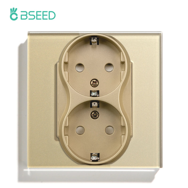 BSEED EU Standard Double Sockets Europe Dual Power Outlets 110-250V Glass Panel White Black Electrical Plug Home Inprovement