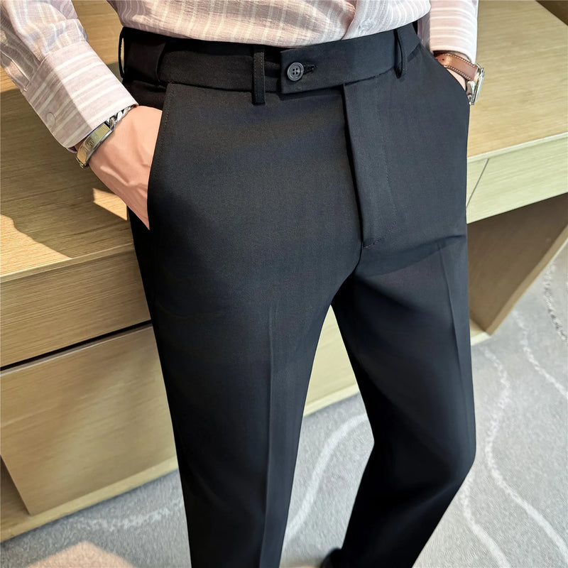2026 Men's Slim Fit Striped Dress Pants Brown Formal Business Suit Trousers for Office And Wedding Wear High-Quality