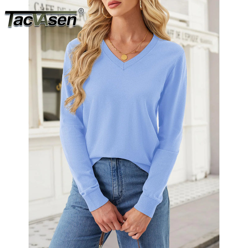 TACVASEN Womens Fashion V-Neck Casual Knitted Pullover Ladies Outdoor Sweatshirts Lightweight Long Sleeve Soft Streetwear Tops