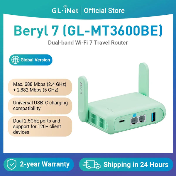 GL.iNet GL-MT3600BE (Beryl 7) រ៉ោតទ័រវ៉ាយហ្វាយ 7 ឥតខ្សែ 2.5G ពីរក្រុម, រ៉ោតទ័រ VPN ចល័តខ្នាតតូច WiFi សម្រាប់រថយន្ត ការធ្វើដំណើរ អាជីវកម្ម