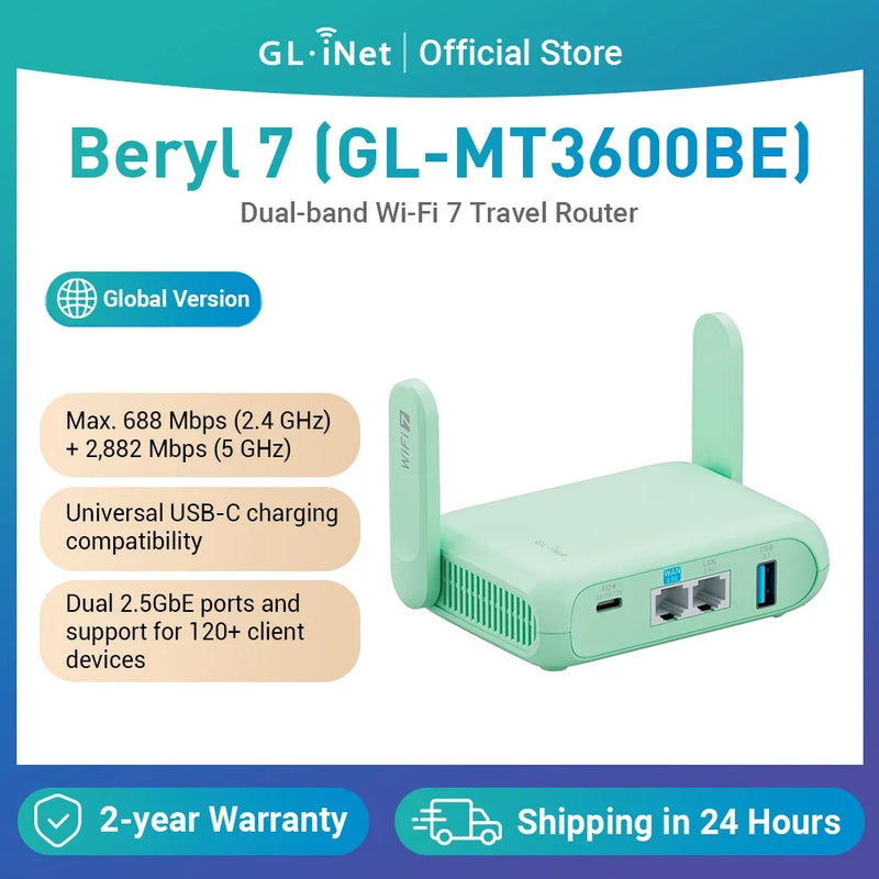 GL.iNet GL-MT3600BE (Beryl 7) រ៉ោតទ័រវ៉ាយហ្វាយ 7 ឥតខ្សែ 2.5G ពីរក្រុម, រ៉ោតទ័រ VPN ចល័តខ្នាតតូច WiFi សម្រាប់រថយន្ត ការធ្វើដំណើរ អាជីវកម្ម