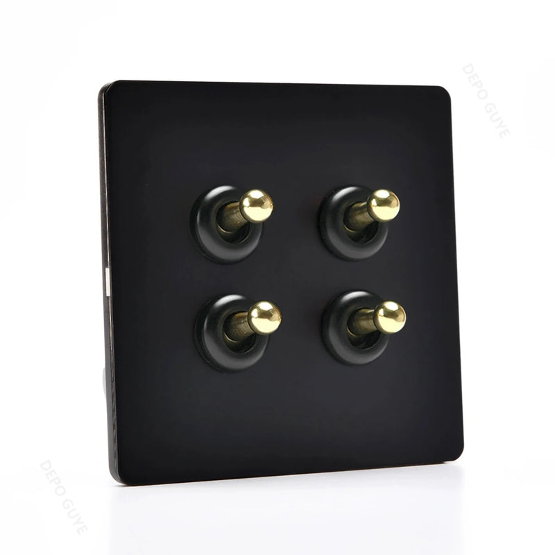 86 Type Retro Switch 1-4 Gang 2 Way Wall Light Brass Lever Toggle Switch Black Matte Stainless Steel Panel EU FR Power Outlet