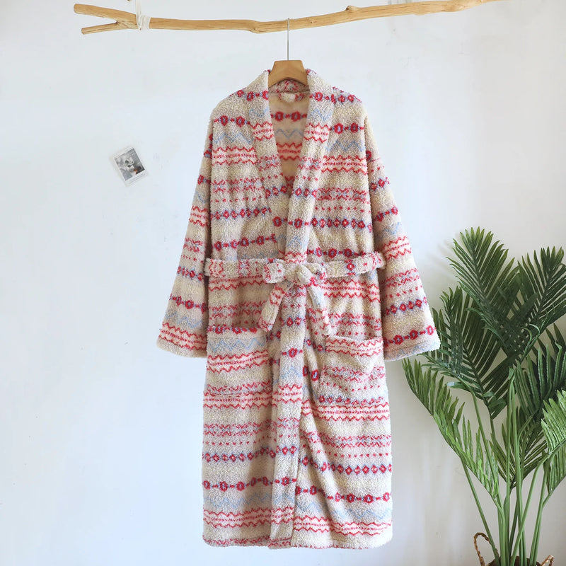 Retro Print Thickened Female Flannel Long Robes Sleepwear Winter Soft Coral Fleece Bathrobe 2026 New Warm Nightwear Homewear