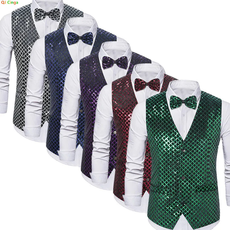 2026 Men's Green Sleeveless Vest Jacket, Single Breasted V-Neck Waistcoat, Red Blue Silver Purple Optional, Europe Size Vests