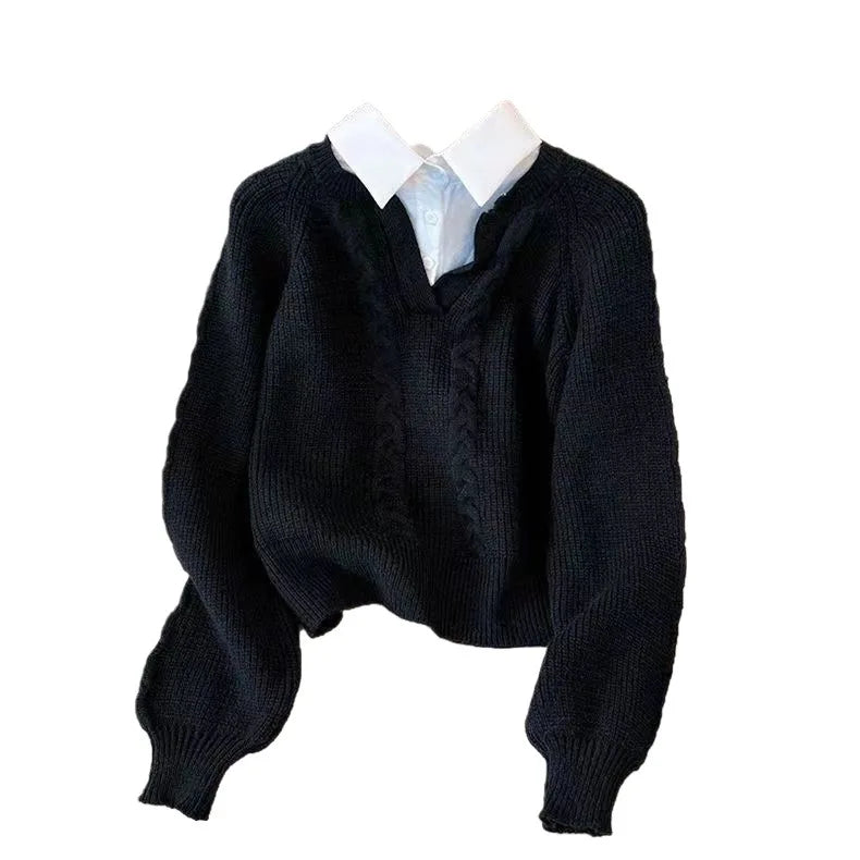 Autumn Winter Splicing Women's Outer Wear Lapel Top Knitted Sweater Fake Two Pieces Pullover Jumper Ladies Bottoming Shirt