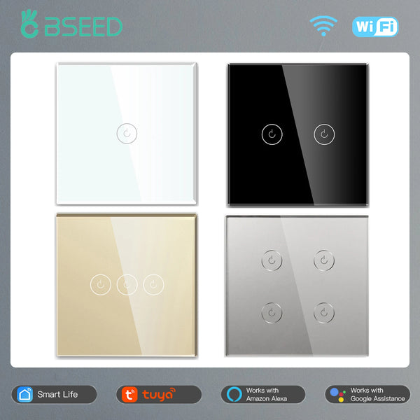 BSEED WIFI Wall Switches Smart Touch Screen LED Light Switches 1/2/3Gang 1/2/3Way Google Alexa App Power Switches Neutral Wire