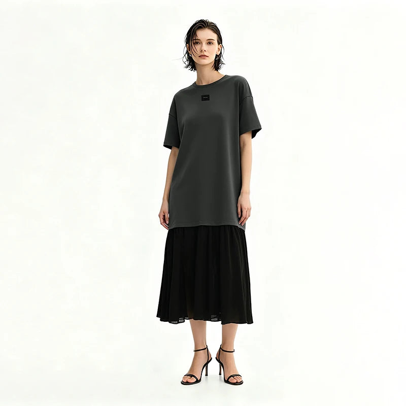 Amii Dress Woman 2026 Summer New Round Neck Drop Shoulder Air Layer Loose Casual Chiffon Patchwork Midi Dress For Women 12622164