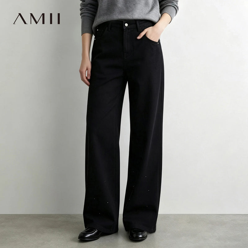 Amii Women Wide Leg Jeans Cotton Rhinestone Long Pants Slimming Loose Fit Trousers Casual Versatile 2026 Autumn Bottoms 12613027