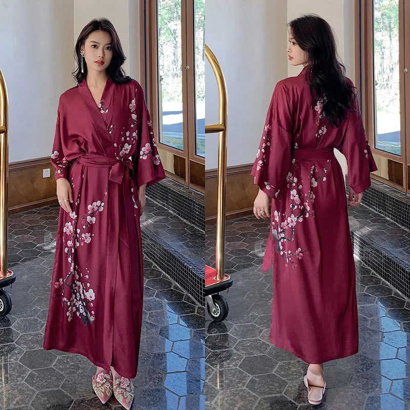 Women Ice Silk Rayon Home Dress Black Print Flower Long Robe Nightgown Spring Summer Half Sleeve Kimono Bathrobe Gown