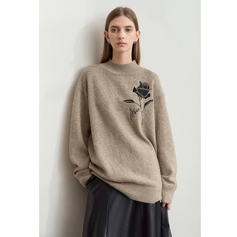 Amii Sweaters for Autumn Winter Women Clothing Cashmere Rose Embroidery Knit 2026 New Loose Long Sleeve Wool Sweater 12444269