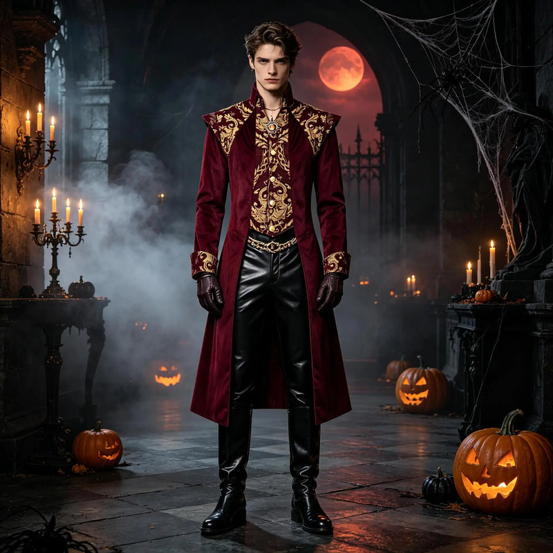 Steampunk-style Men's Black Long Jacket, Halloween-themed Red Trench Coat, with Gold Embroidery Accents.